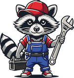 unser Maskottchen. Ein Waschbär in Monteuersoutfit